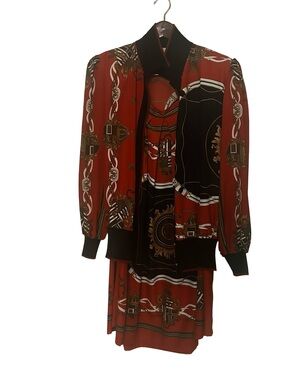 Dark orange Printed Satin Midi Skirt - Designer-Style and jacket- skirt suit set